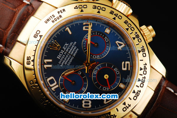Rolex Daytona Swiss Valjoux 7750 Automatic Movement Gold Case with Blue Dial-Gold Numeral Markers and Brown Leather Strap - Click Image to Close